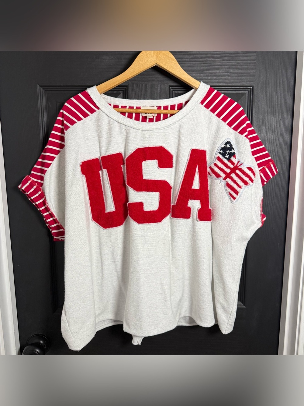 BiBi White & Red USA Crop Top with Striped Sleeve Detail